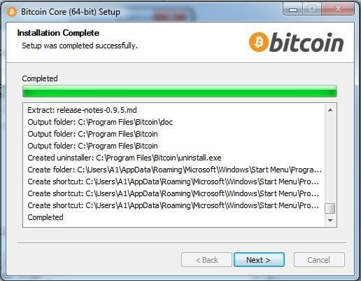 Bitcoin Core completou a instalação