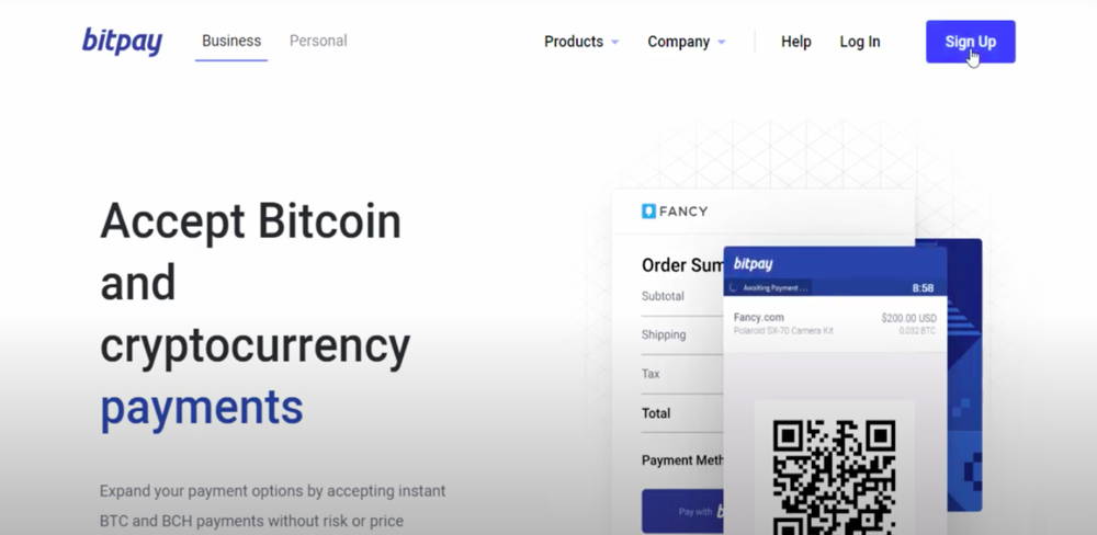 A página principal do gateway de pagamento Bitpay