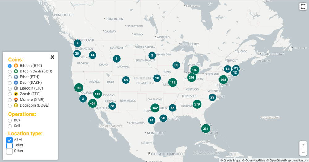 Kaart met Bitcoin-geldautomaten in de VS