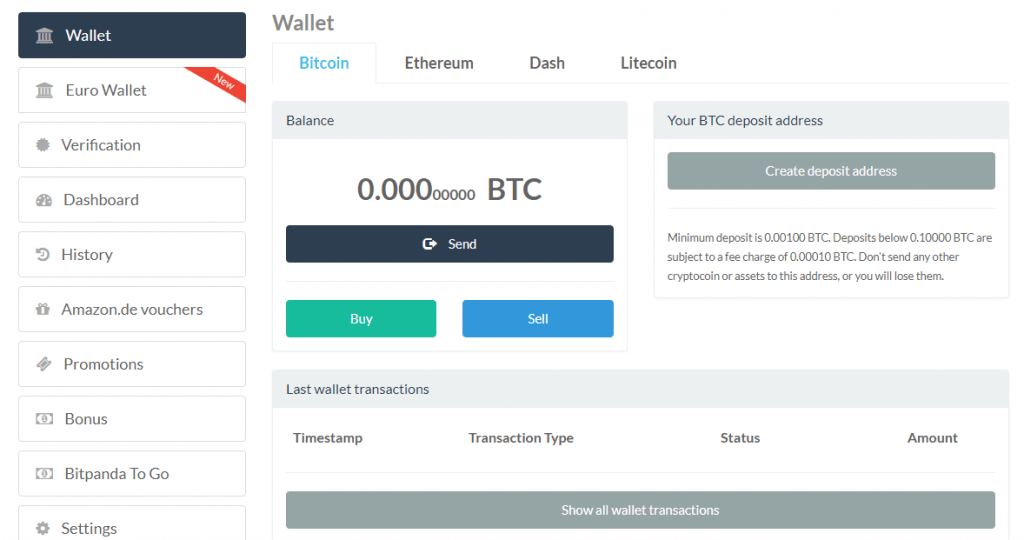 Página do painel de controle da sua conta no BitPanda