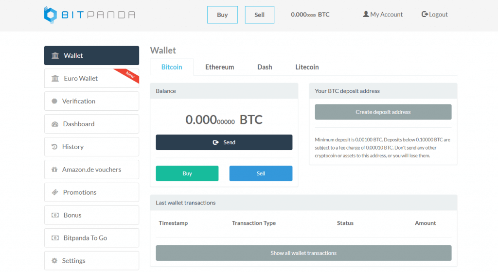 Página de compra de Bitcoins no BitPanda