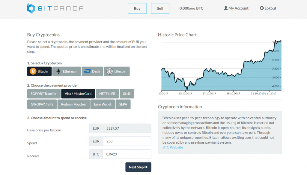 Selecione a opção BTC e o método de compra no BitPanda