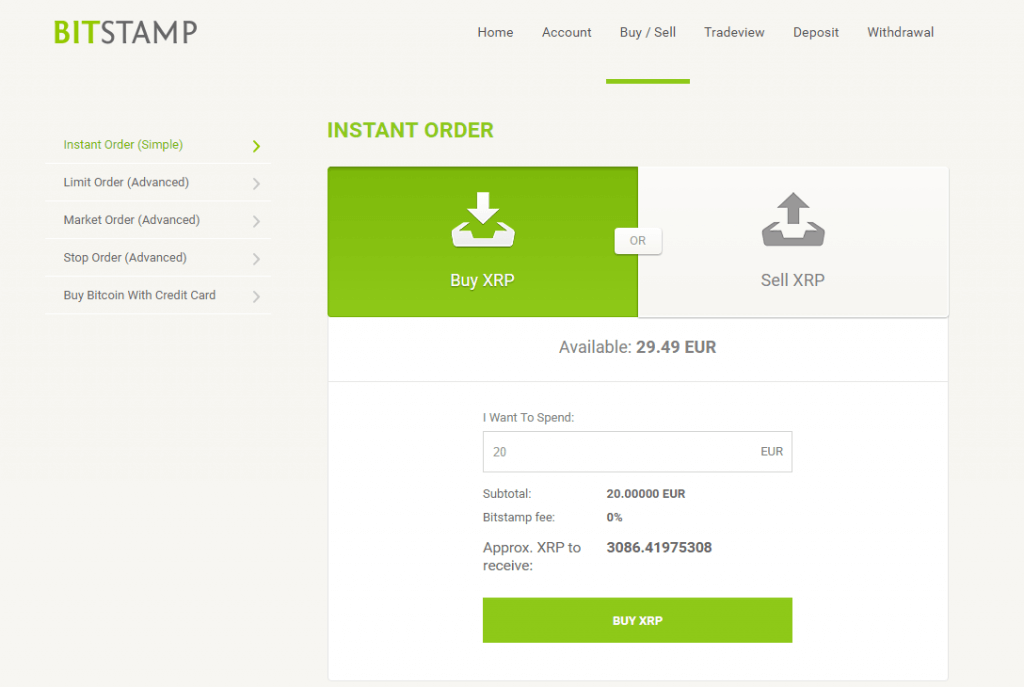 Pedido XRP com Bitstamp