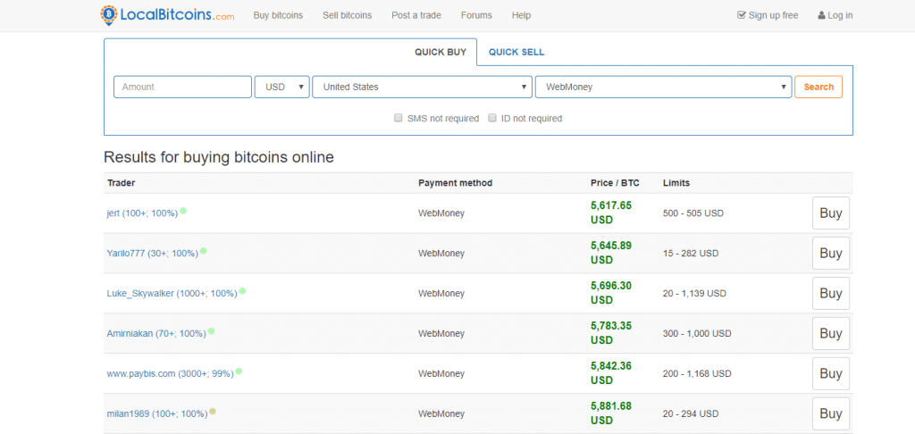 Lista dostępnych sprzedawców na LocalBitcoins