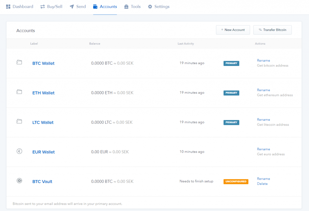 Strona kont portfela w Coinbase