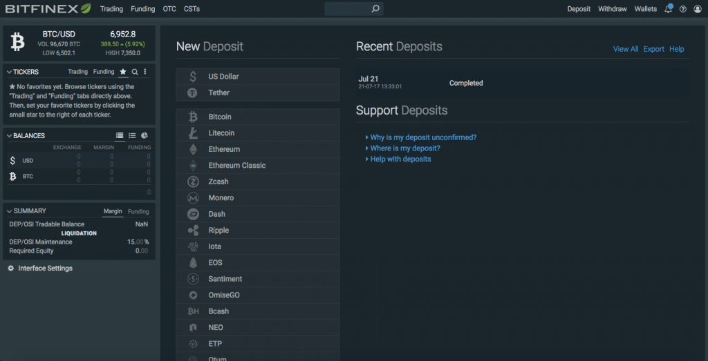 Adicione dinheiro à conta Bitfinex