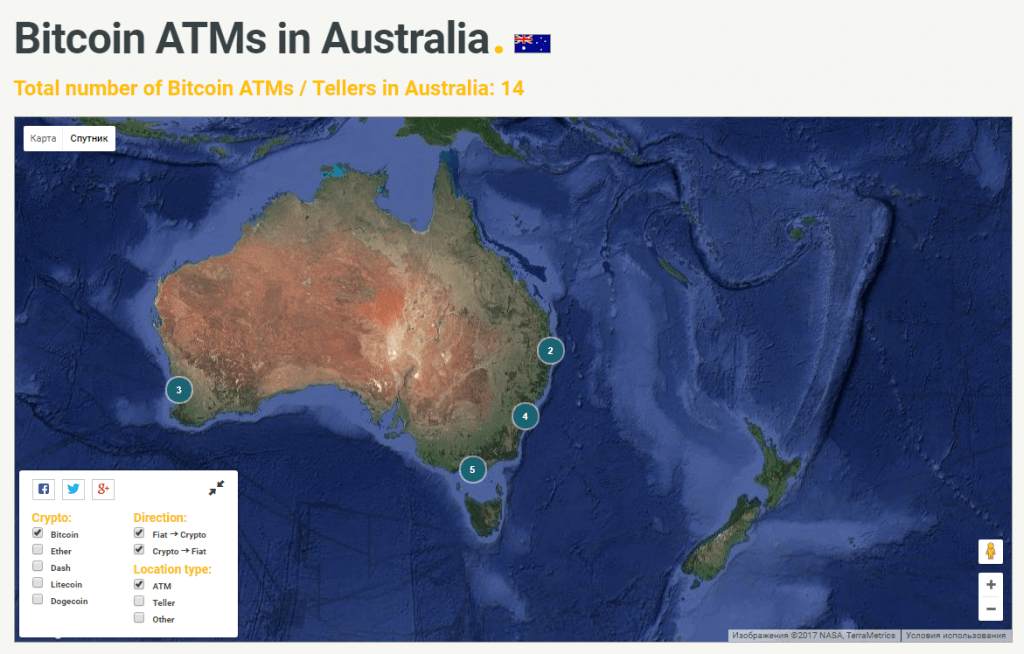 Bitcoin bankomatų žemėlapis Australijoje