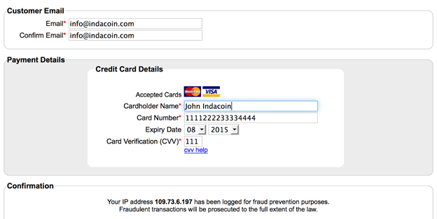 Dodaj środki kartę kredytową IndaCoin