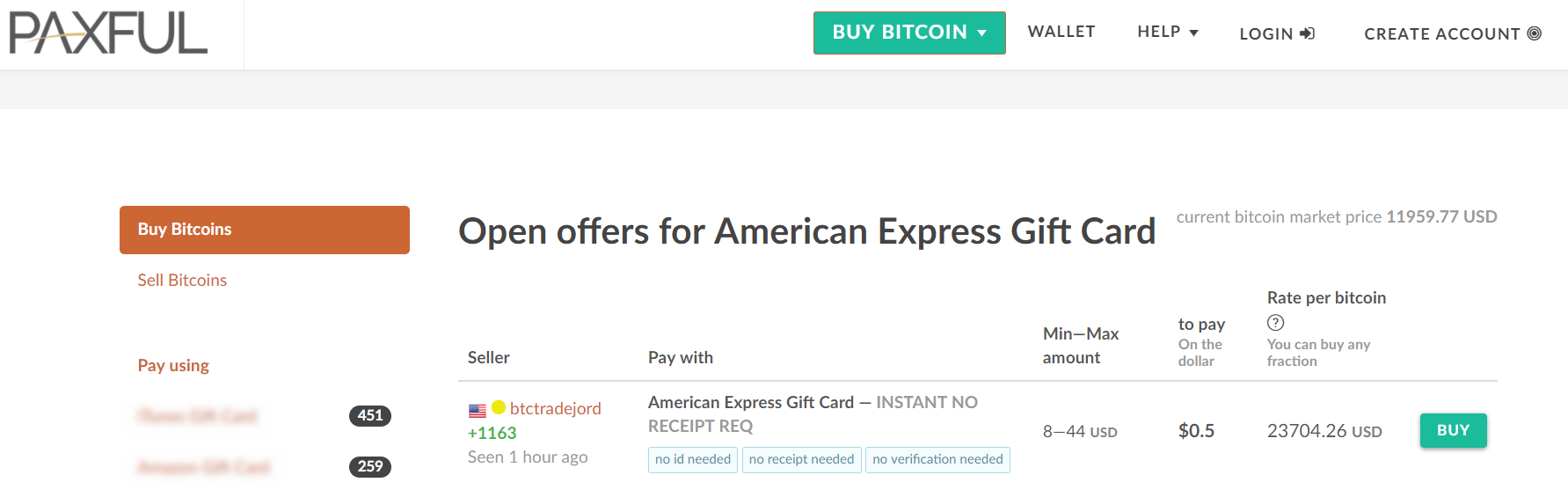 Cumpărați BTC cu cardul cadou American Express la Paxful