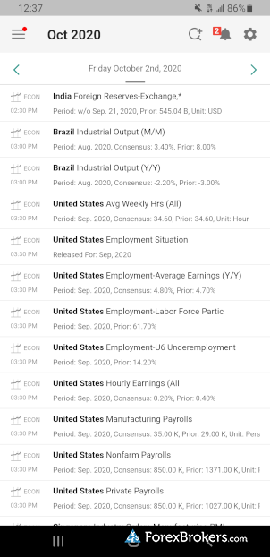 „Interactive Brokers TWS“ mobiliosios programos ekonominis kalendorius