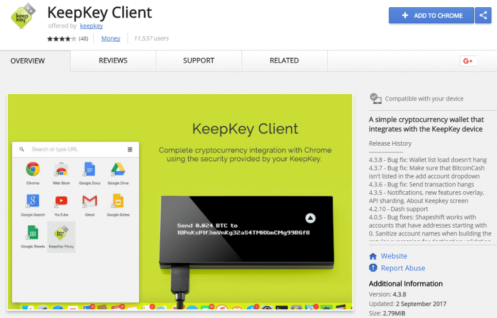 Aplikacja kliencka KeepKey z Chrome Web Store
