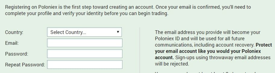 Defina a senha para criar uma conta no Poloniex