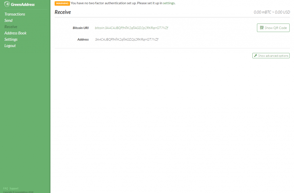 Bitcoins ontvangen in GreenAddress