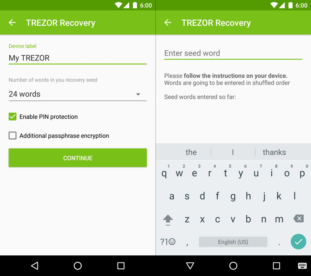 Aplicativo TREZOR para Android