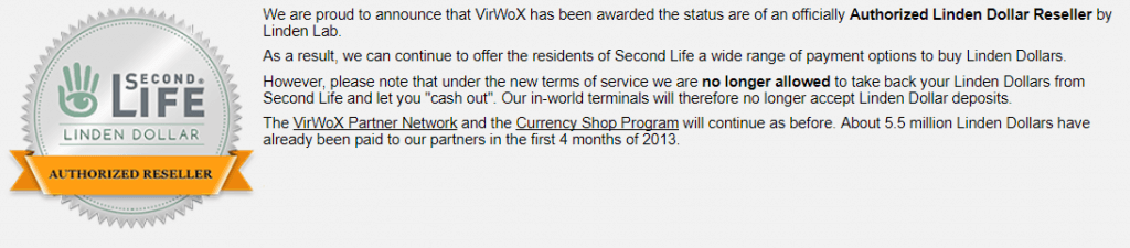VirWox handelt met Second Life Lindens
